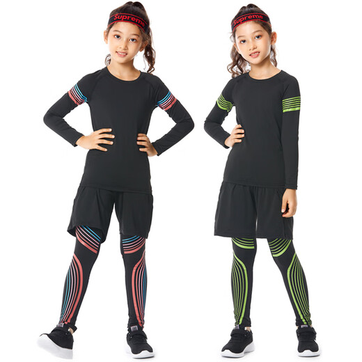 Dika children's tights training clothes quick-drying clothes girls basketball football running yoga clothes girls base layer suit autumn plus velvet style - black and green 2-piece set 24 size recommended 120-130 high 50Jin Jin is equal to about 0.5 kg