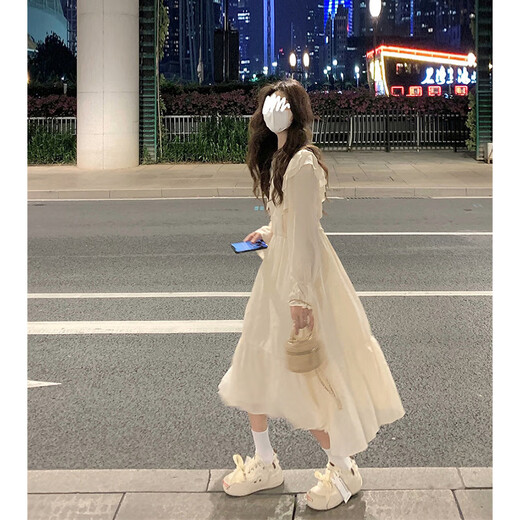 French-style long-sleeved ruffle-edged dress for women in autumn new design high waist slim long skirt light apricot color #1048 XL