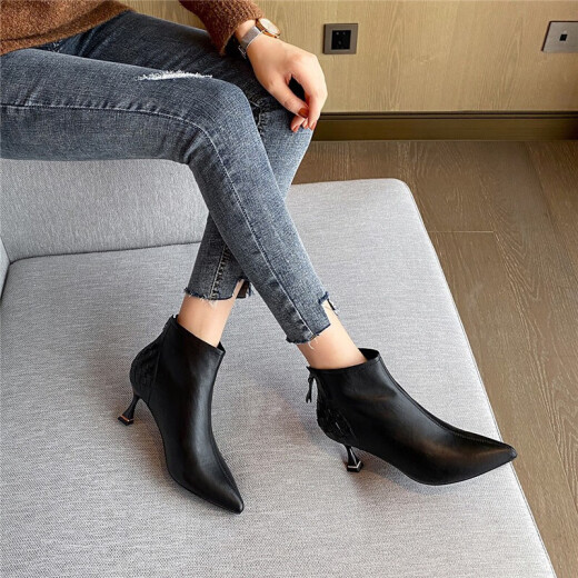 ZHR women's boots with temperament splicing pointed toe short boots women's slimming and taller stiletto bare boots women's exquisite back braided warm plus velvet boots women's U08 black 34