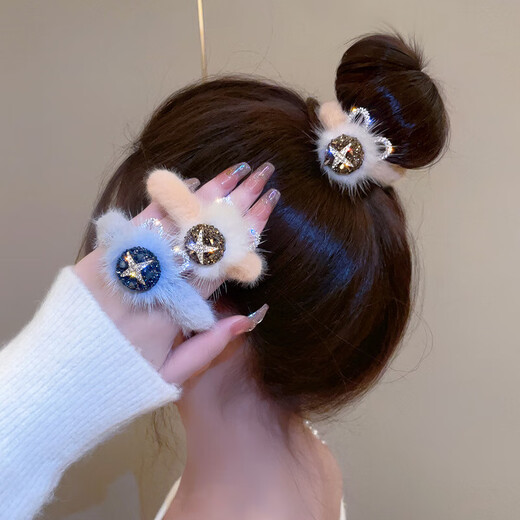 Charming season, autumn and winter temperament, rhinestone plush hair ring headdress for women, tied with scalp bands, fashionable buns, hair ropes, versatile 3897 gray and blue hair rings