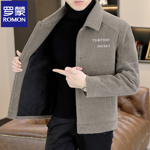 ROMON High-End-Revers-Herren-Wolljacke für Männer im Herbst und Winter, lässige, verdickte kurze Wolljacke, goldene Nerz-Samtjacke für Männer, Khaki XL, empfohlen 120–135 Jin Jin entspricht 0,5 kg