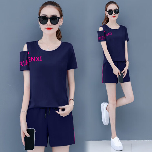 Yunzhijing 2020 new sports and leisure suits for women, plus size, summer and Korean version, loose ins trendy and slim, short-sleeved T-shirt shorts for women, sapphire blue L (recommended about 90-105 Jin [Jin is equal to 0.5 kg])