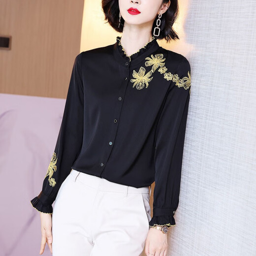 Yiyuyouxiang shirt women's 2020 autumn and winter new black long-sleeved shirt lotus leaf collar embroidered top small black L