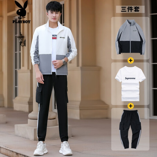Playboy (PLAYBOY) trendy brand sweatshirt suit for men 2020 new spring and autumn couple style fashion three-piece casual wear ins men's white and gray (three-piece set) 3XL