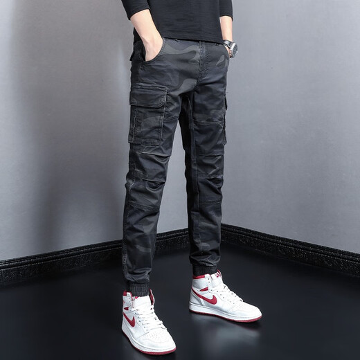 Gekochte Cui (Shucui) Frühlings- und Sommer-Herrenhose koreanische Style Trendy Marke Slim Casual Hosen für die trendige Persönlichkeit von Männern vielseitige Mehrfach-Tasten-Tarn-Tarn-Herren-modische Fußbindung Herrenhosen WJL-692e Größe 30 (Taillenumfang 2 Fuß 3)