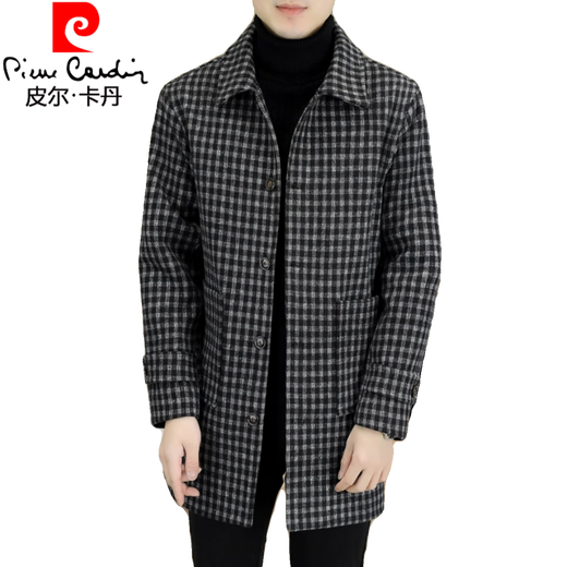 Pierre Cardin men's woolen coat plaid winter high-end Nizi windbreaker British style mid-length woolen coat 1005 black cotton version 3XL