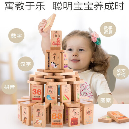 福孩儿100片多米诺骨牌积木双面认数识数字汉字幼儿童益智玩具男孩女孩 100粒数字汉字多米诺骨牌