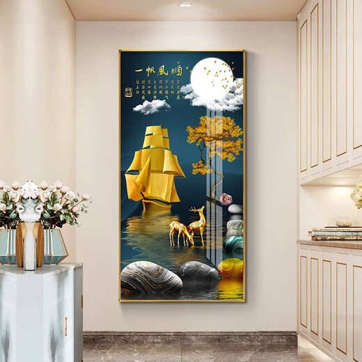 Xiao Lulin Light luxury entrance decoration painting New Chinese style entrance painting aisle corridor mural Nordic abstract elk hanging painting crystal porcelain painting 14087 smooth sailing Diamond inlay painting 100*200 cool black (customized size)