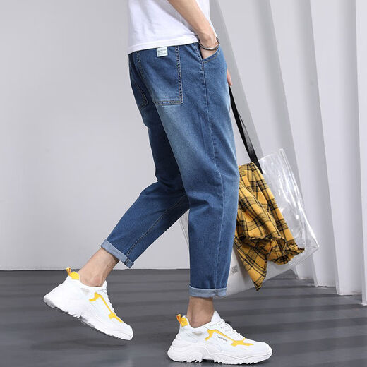 
Zuoyoupin (zuoyoupin) jeans men's cropped pants summer casual straight pants men's fashion boys versatile trendy trousers TC673 light blue L