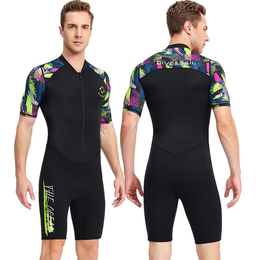 Yobel men's one-piece swimsuit 1.5MM neoprene warm long-sleeved sun protection swimsuit snorkeling surfing boating wetsuit black pattern short-sleeved shorts M recommended weight 120-140Jin Jin equals 0.5 kg