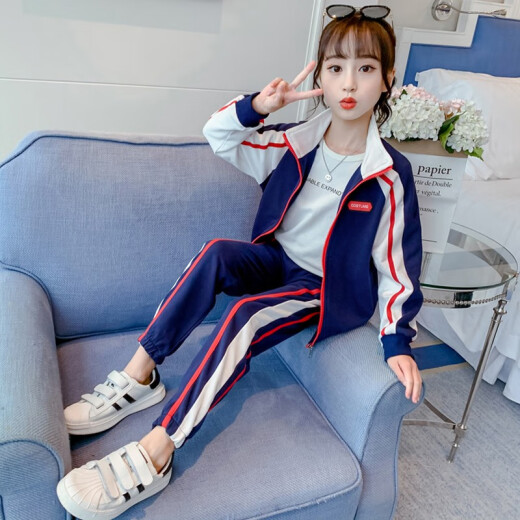 [Parent-child clothing] Children's clothing girls suit 2020 new boys' spring and autumn clothing student sports and leisure school uniforms children's zipper cardigan two-piece set splicing style - Navy size 110 recommended height 100CM