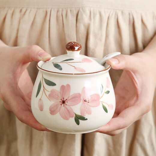 Duomeiran kitchen high-end seasoning jar ceramic salt jar chili jar household seasoning box seasoning bottle jar seasoning combination set Sakura three-piece set + ceramic plate