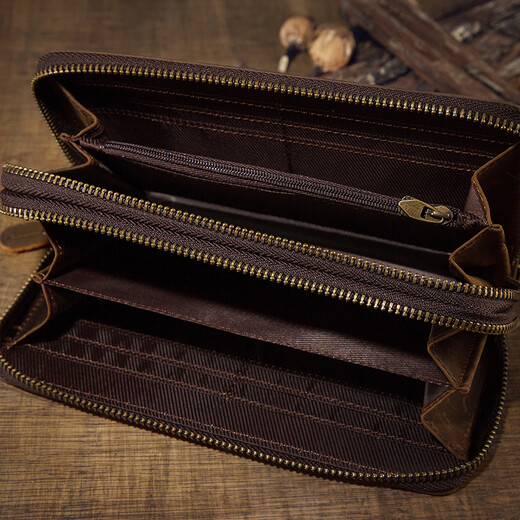 Einfach/Natur Original Crazy Horse Leder Langes Doppel Reißverschluss Brieftasche für Männer Multi-Karten-Retro-Kupplung echtes Leder großer Kapazität Trend