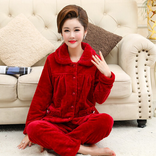 
Femaibo pajamas women's autumn and winter flannel home clothes winter thickened coral velvet plus velvet mother warm large size set 1048 M