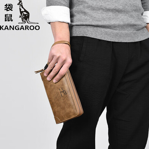 
Kangaroo (KANGAROO) boutique men's clutch bag long wallet simple large capacity wallet casual handbag new zipper men's double bag black