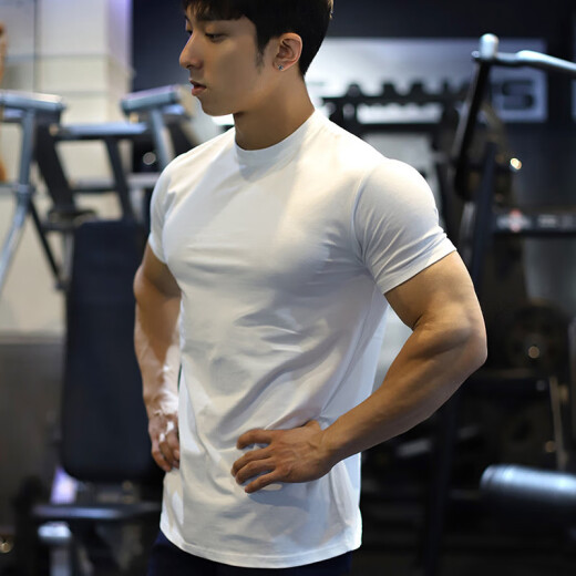 GEKM muscle fitness brothers summer new sports short-sleeved men's elastic quick-drying fitness-showing muscles versatile solid color T-shirt black L [recommended 120-140Jin [Jin equals 0.5 kg]]