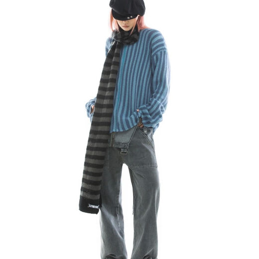 
Yuanle Shen mid-length punk dark versatile European and American ripped autumn and summer sweater for women couple stripes loose niche sweater new red one size