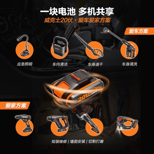 威克士（WORX）锂电电池WA3553橙色小脚通用20伏充电器WA3880锂电平台 2.0Ah锂电池WA3551