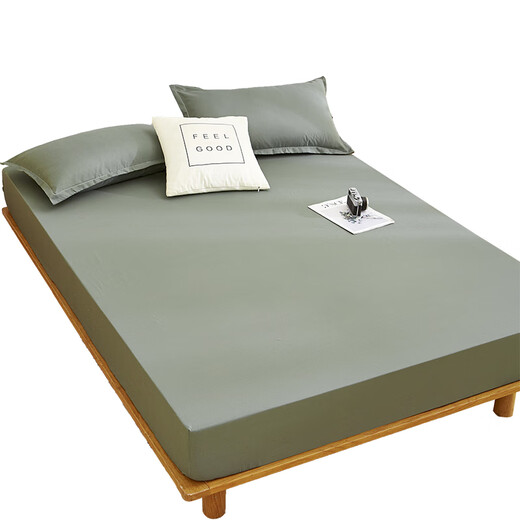 Fitted sheet single piece bed cover non-slip washed cotton Simmons mattress protector sheet summer new army green 180cmx220cm (single fitted sheet does not ball up easy