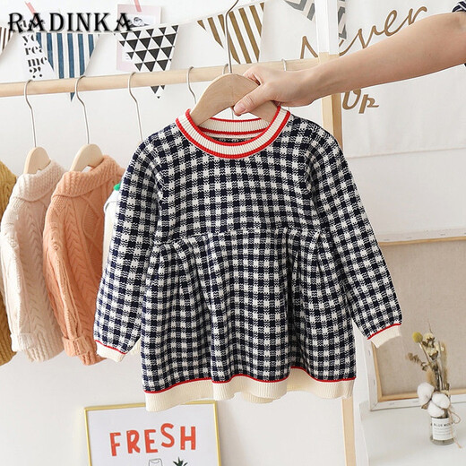 Radinka2025 new autumn and winter girls dress children's knitted plaid skirt baby girl stylish red princess dress TSB pink bow two-piece set without velvet 100 cm