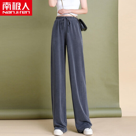 Nanjiren Casual Pants Women's High Waist Draped Spring and Summer 2021 New Product Long Floor-Mopping Ice Silk Breathable Light Thin Straight Loose Slim Sports Wide-Leg Pants Women's DSD106-1019-Long Clear Gray M
