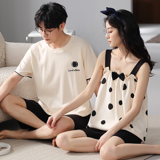 
Delia couple pajamas men summer pure cotton short-sleeved thin casual suspender pajamas women's home clothes spring and summer two-piece suit Q9903 M women + L men