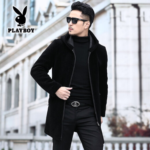 Playboy Sheep Shear Jacket Men Haining Autumn Fur One-piece Men's Fur Reversible Leather Jacket Lamb Hair Mid-Length Stable Black XL