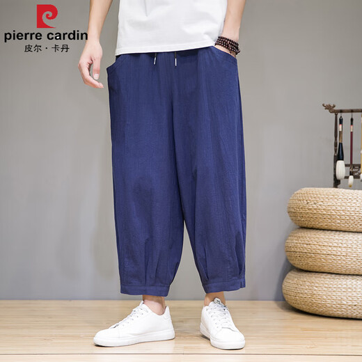 Pierre cardin summer linen harem pants Chinese style large size loose nine-point pants trendy wide-leg bloomers men's pants black M