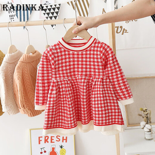 Radinka2025 new autumn and winter girls dress children's knitted plaid skirt baby girl stylish red princess dress TSB pink bow two-piece set without velvet 100 cm