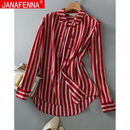JannaFenna chiffon shirt women's long-sleeved 2020 early autumn new red and white striped shirt Korean style fashion loose slimming simple versatile top trendy red striped M