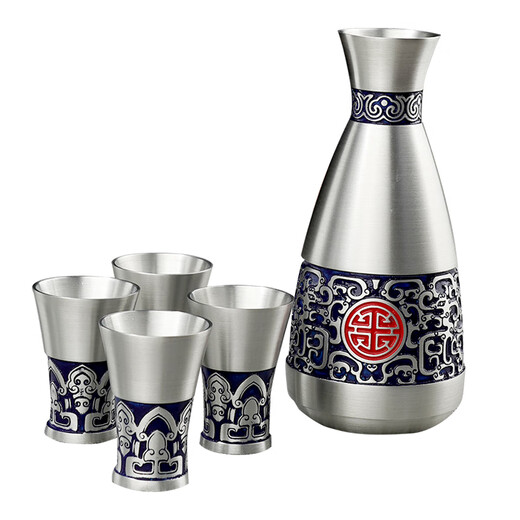 Jixiangyuan pure tin pot white wine cup divided wine pot white wine household Chinese antique handmade small tinware wine set company business gift gratitude commemorative gift happy reunion (one pot two cups)