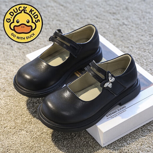 G.duck Little Yellow Duck Girls' Small Leather Shoes Spring and Autumn New Product 2025 Black British Style Princess Shoes Soft Sole Children's Performance Shoes JJL-Black C8062 Size 35 (Inner Length 22.5cm)