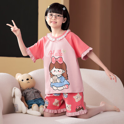 Manido Summer Children's Kulomi Pajamas Thin Cartoon Set Little Girl Pure Cotton Short Sleeve Girls Home Cotton M6636 Women [Double Short] 140cm 16 size recommended 135-145cm