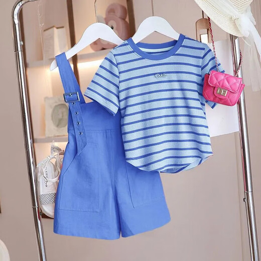 Qinyue (QINYUE) children's overalls suit for summer, Korean style, fashionable and western-style for girls and older children, 2023 new casual little girl two-piece set, single-piece buckle striped overalls skirt pink, size 140, recommended height 130cm