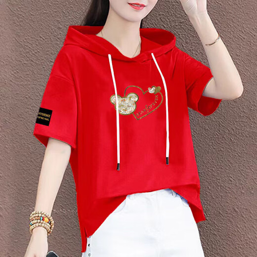 喻小熊有戴带帽孑的棉半袖女帽衫短袖t恤连帽女装新款夏季宽松半截袖 红色-687袖子标 2XL
