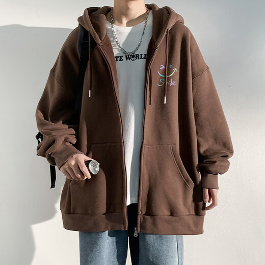 Changden American Cardigan Jacket Men's Autumn and Winter Velvet Jacket Trendy Loose Casual Hooded Sweatshirt Men's Zipper Jacket Black Thick Section 2XL