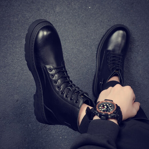 JUKUANG [top layer cowhide] 2023 new men's boots genuine leather Martin boots men's winter British style high top plus velvet men's shoes black single shoes 723 38