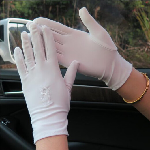 Ainuodeng summer thin gloves for women short embroidered driving gloves spandex solid color elastic etiquette gloves autumn women's gloves spandex embroidery: 1 light gray + 1 beige [2 double packs]