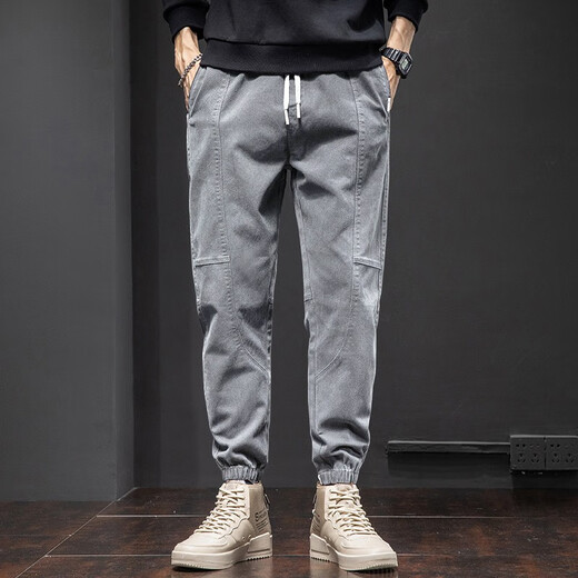 CHARLUOEL casual pants men's 2025 spring and autumn trendy brand loose pants men's work clothes harem pants nine-point men's pants tying feet trousers 998 black XL