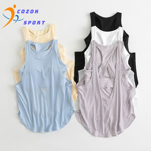 COZOK versatile yoga suit vest for women with chest pad two-in-one shockproof underwear fitness clothes loose back sports blouse salt water blue L _Suggested 105-115Jin[Jin equals 0.5 kg]