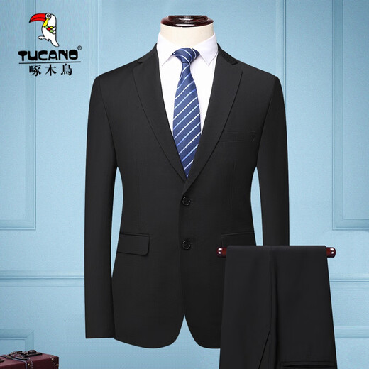 Woodpecker suit suit men's suit trousers business casual formal fit no-iron elastic versatile professional attire men's suit black two buttons (suit + trousers) 175/L