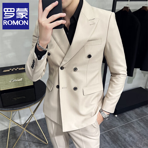 
ROMON light luxury high-end double-breasted suit suit men's Korean style slim business formal casual suit two-piece set Navy blue [double-breasted T687] XL