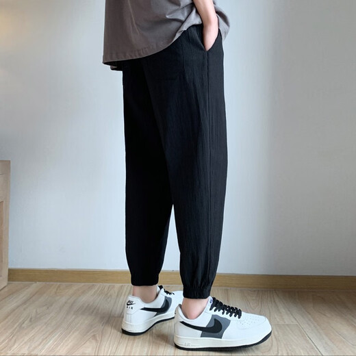 Dumeizi lässige Hosen für Männer im Sommer Schnürpeak-up elastischer Taille Vielseitige Sport-Elastizierhose lose Krawatten mit kleinen Füßen neun Punkten für Männer schwarz-versehentlich l