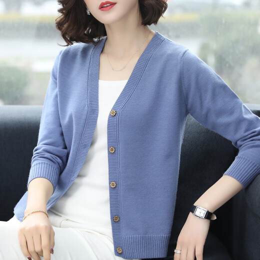 Nazhi spring and autumn thin sweater women's cardigan loose single-breasted solid color sweater V-neck jacket top women 8817 blue 3XL (recommended 131-150Jin [Jin equals 0.5 kg])
