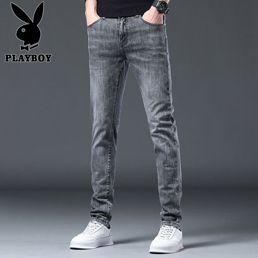 花花公子（PLAYBOY）牛仔裤男夏季新款潮流时尚修身小脚裤子男士休闲韩版弹力长裤男装 灰色X-1157HH1048 32