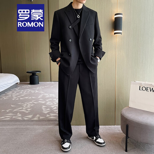 ROMON Light Luxury Commuting Internet Celebrity Suit Suit Men's Light Mature Style Loose Chest Strap Design Double-breasted Casual Suit Two-piece Set Apricot Single Suit XL