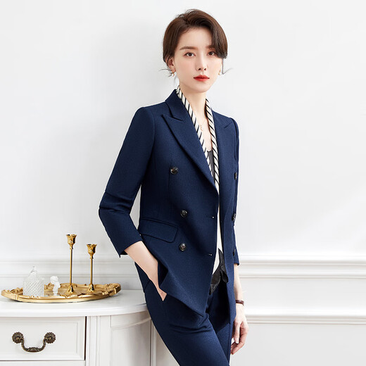 Luo Meng's professional attire, goddess style suit, fashionable suit, formal wear for women, Korean style interview work clothes, spring, autumn and winter thick work clothes, dark blue suit jacket + pants M