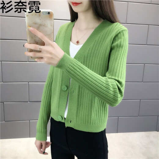 Shan Nani knitted sweater women's coat 2020 spring and autumn small fragrance style short long-sleeved v-neck sweater small coat outer top cardigan female green M [recommended 85-95Jin [Jin equals 0.5 kg]]