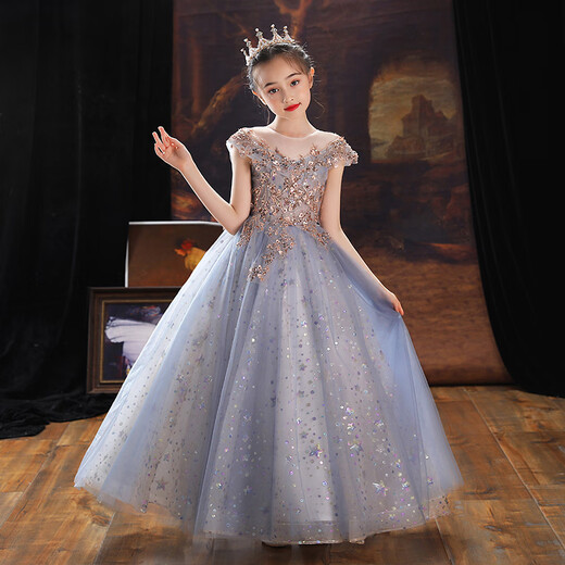 Little Kayi Dicke Kinderkleid Prinzessin Rock High-End Girls Klavier Performance Kleidung Langarm Blumen Kinder Hochzeitskleid Little Girl Host Sommer Blau 1591 Lange mittelgroß