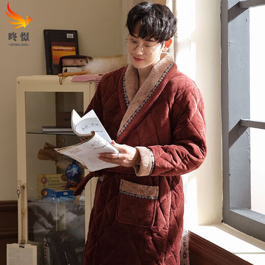 咚憬冬季男士珊瑚绒睡袍加厚加长款三层夹棉保暖浴袍中年加绒睡衣冬天 Y9859【加厚加长】 XL （建议140-165斤）